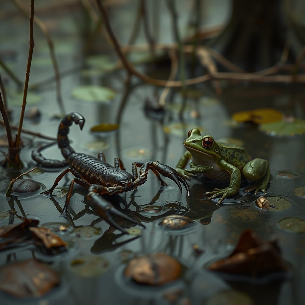 Scorpion and Frog in Swampy Pond, Muted Earth Tones