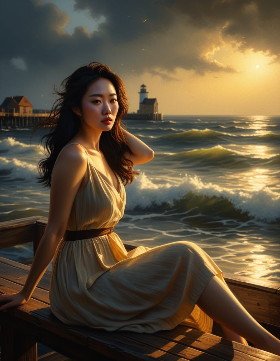 Korean Woman on Pier in Rembrandt-esque Oil Painting