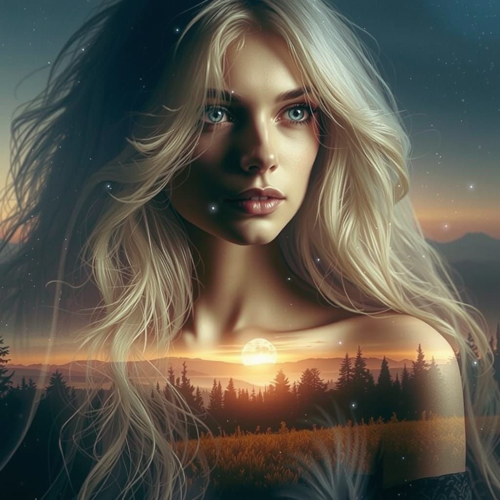 Ethereal Fantasy Maiden in Double-Exposed Landscape