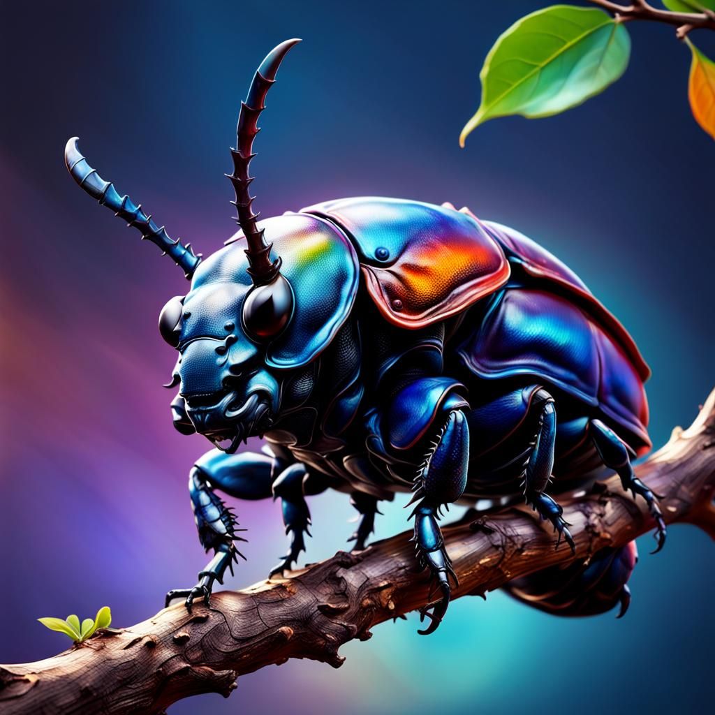 Detailed Rhinoceros Beetle on Branch in Splash Art
