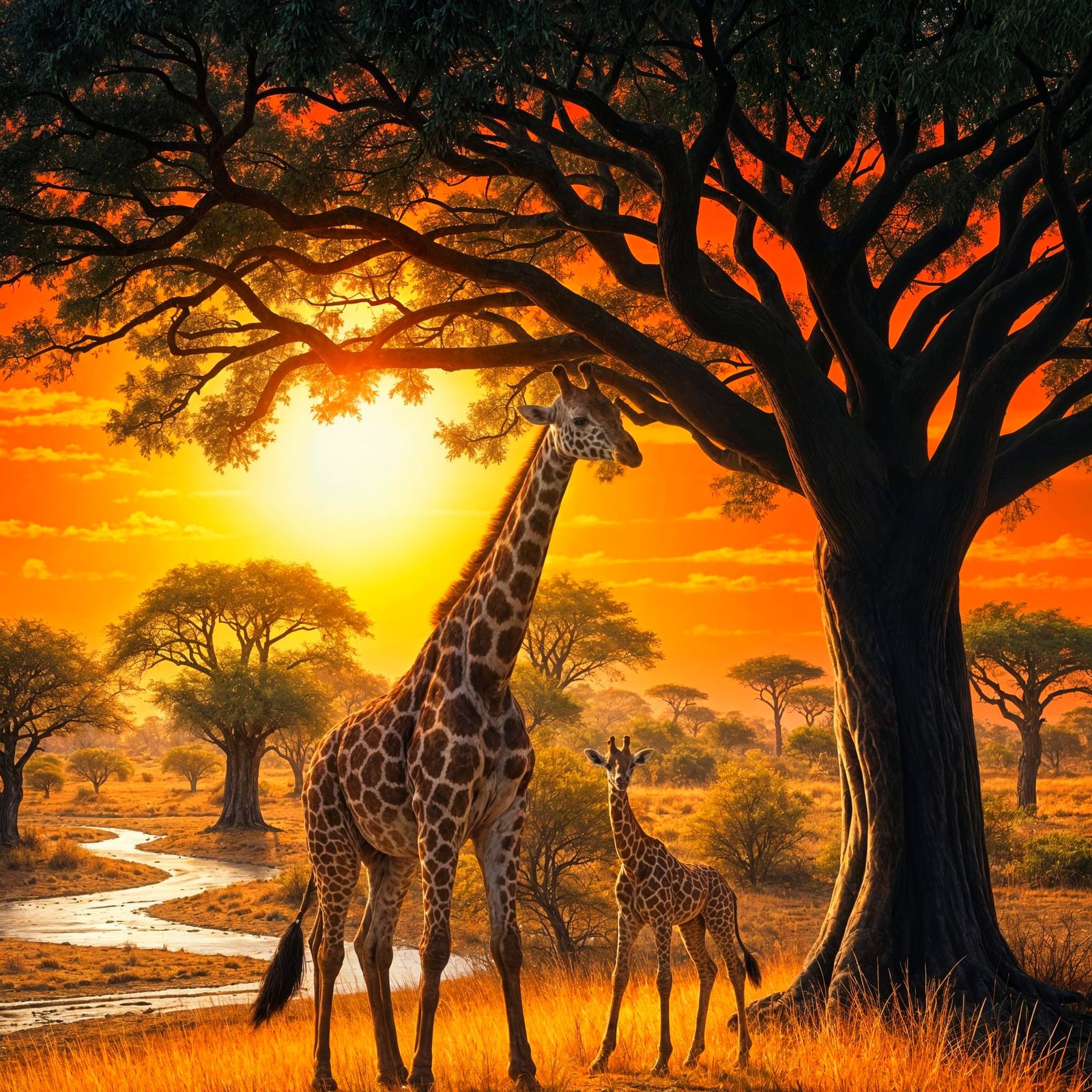 Savannah Sunset with Giraffes and Acacia Tree