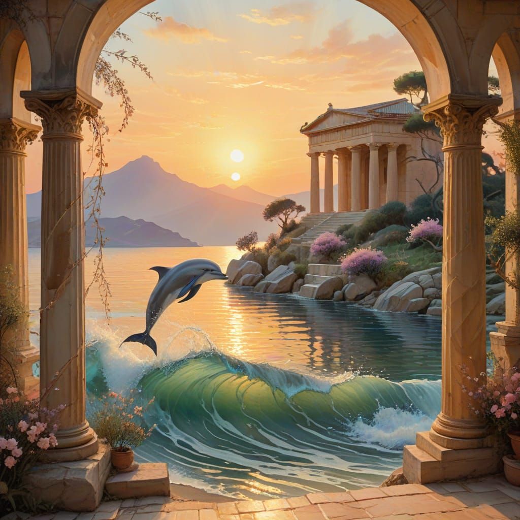 Ethereal Greek Temple Amidst Blossoming Olive Groves and Sea