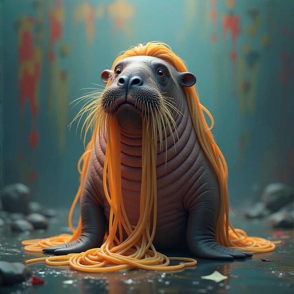 Hyperrealistic Whimsy: A Comical Walrus with Vibrant Spaghet...
