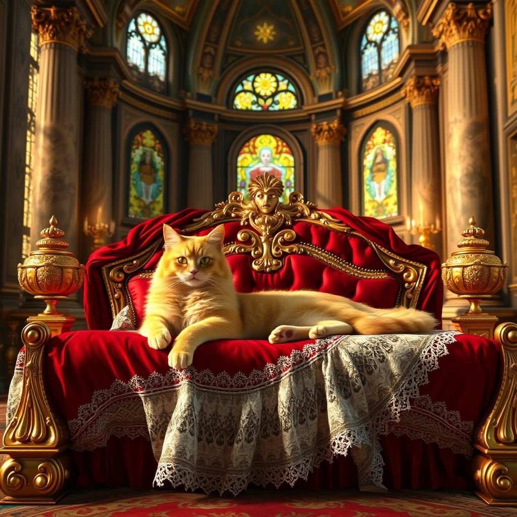 Regal Yellow Cat in Lavish Palace Bedroom