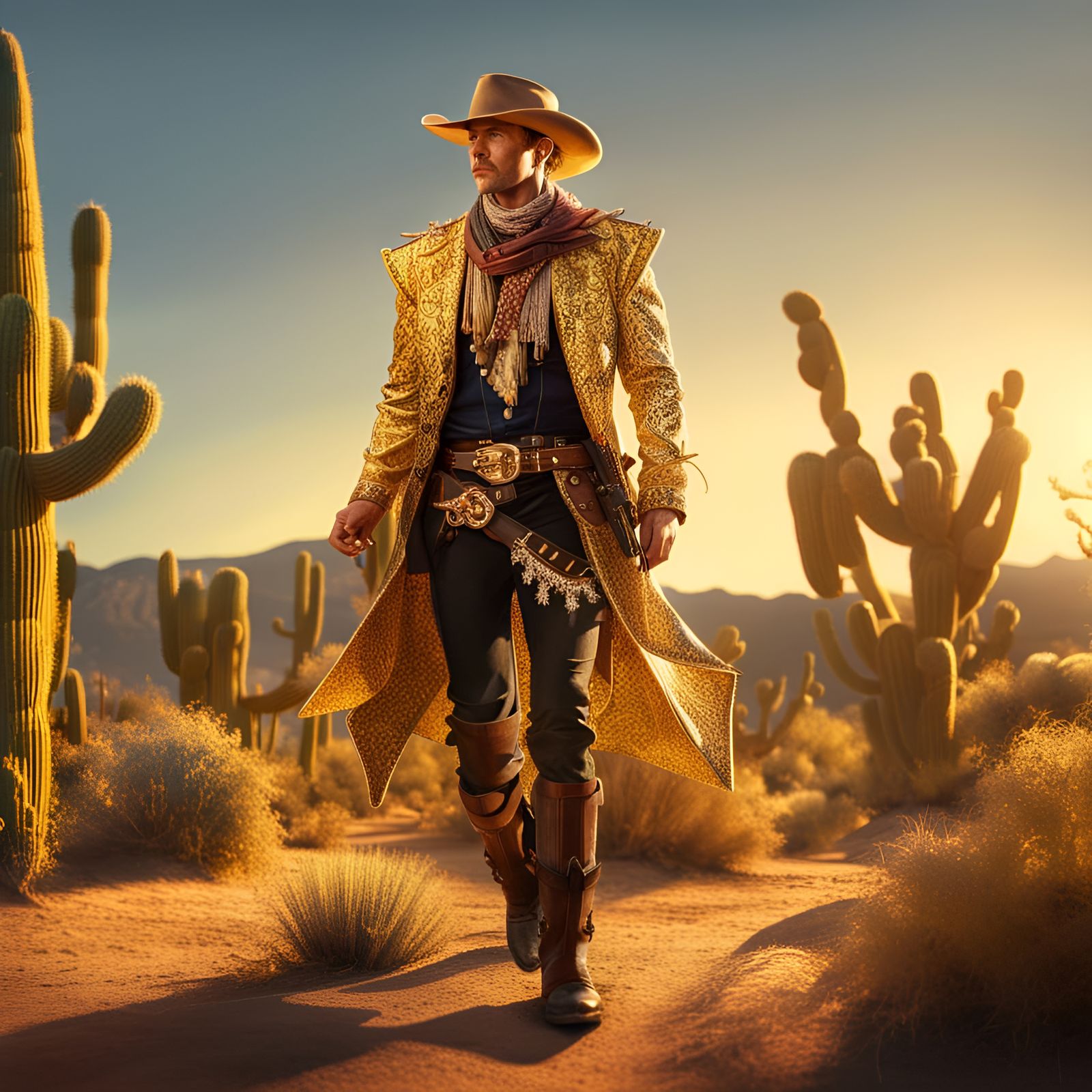 Extravagant Cowboy in Desert, Hyperrealistic Splash Art