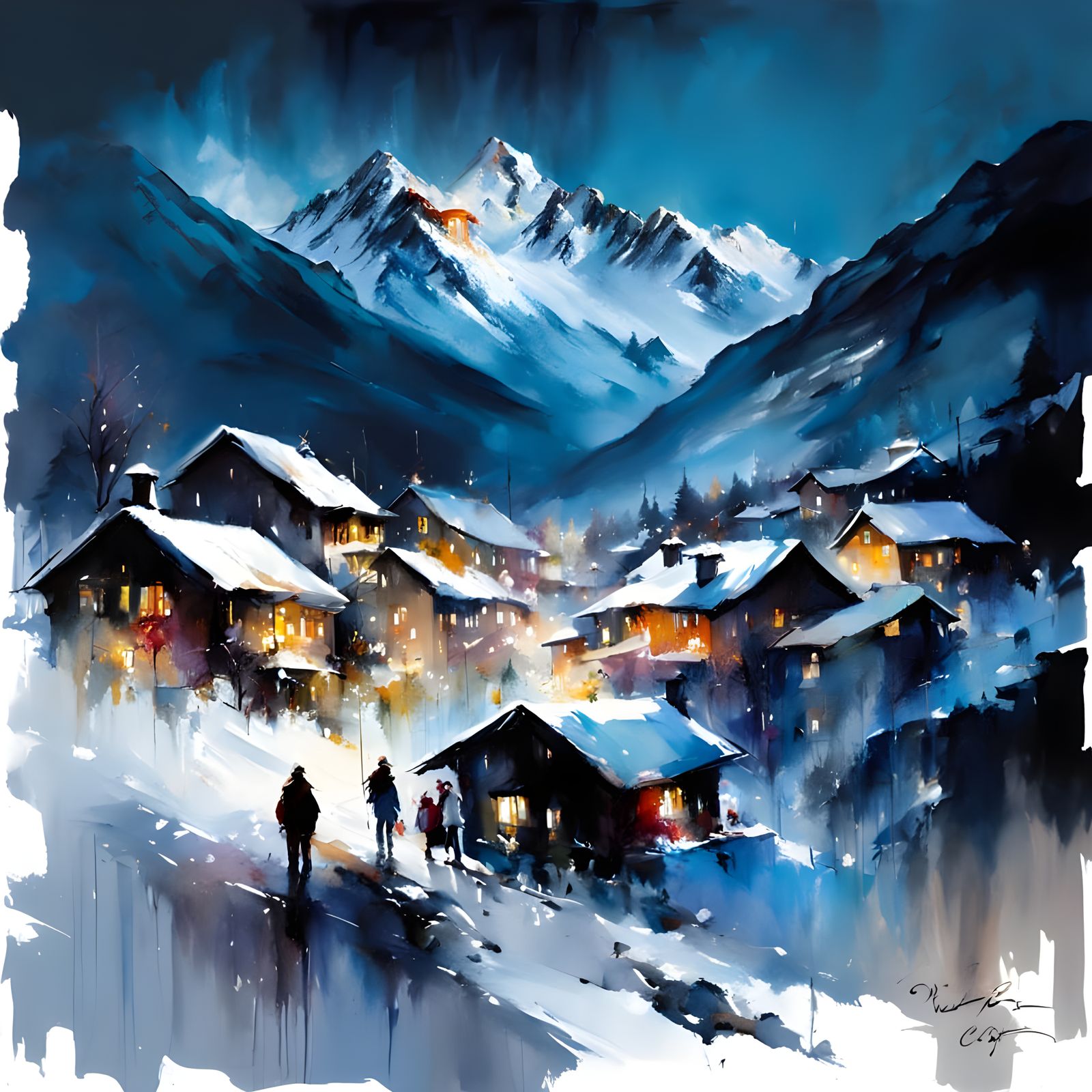 Fairy Tale Alpine Village at Night in Winter