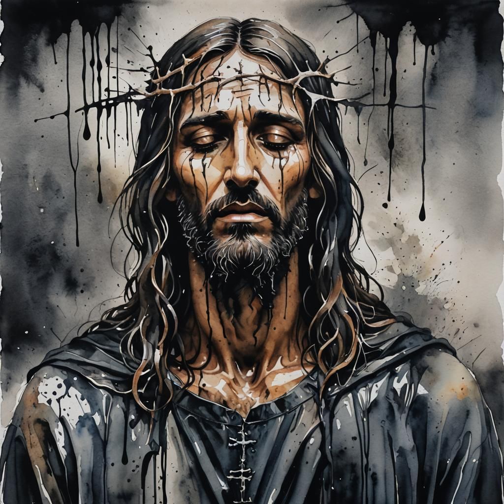 Christ's Poetic Tears: Moody Watercolor Painting