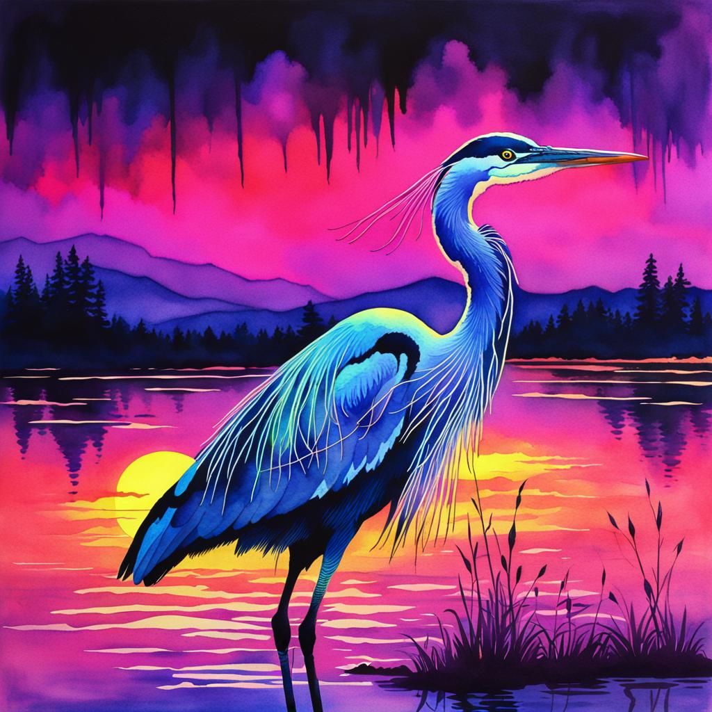 Neon Blacklight Watercolor Heron on Lake