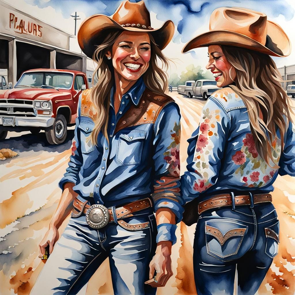 Cowgirl Friends Laughing in Dusty Watercolor Painting