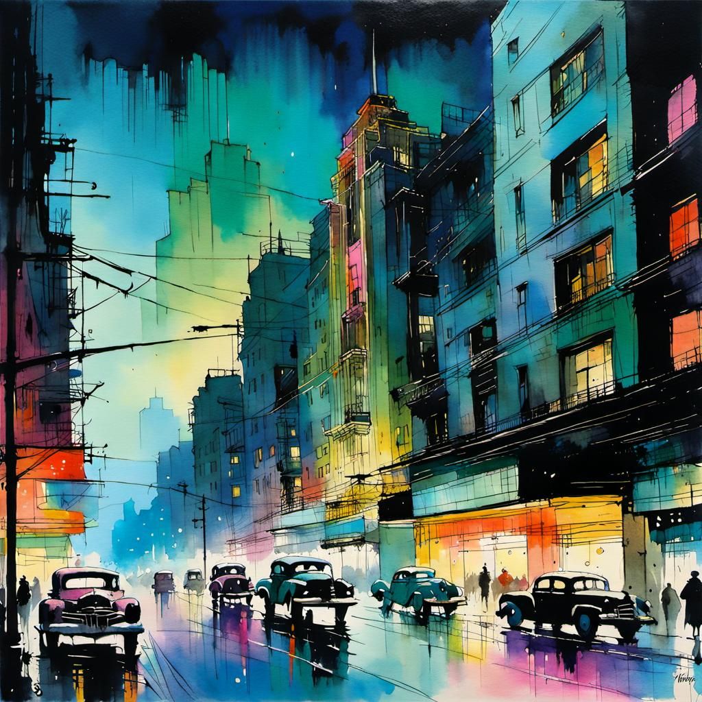 Colorful Art Deco Cityscape in Watercolor