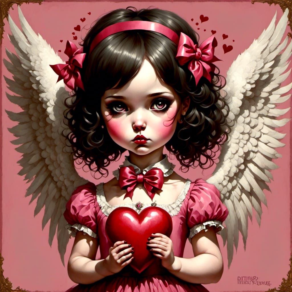 Sweet Angel Girl Holding Heart, Pop Surrealism Style