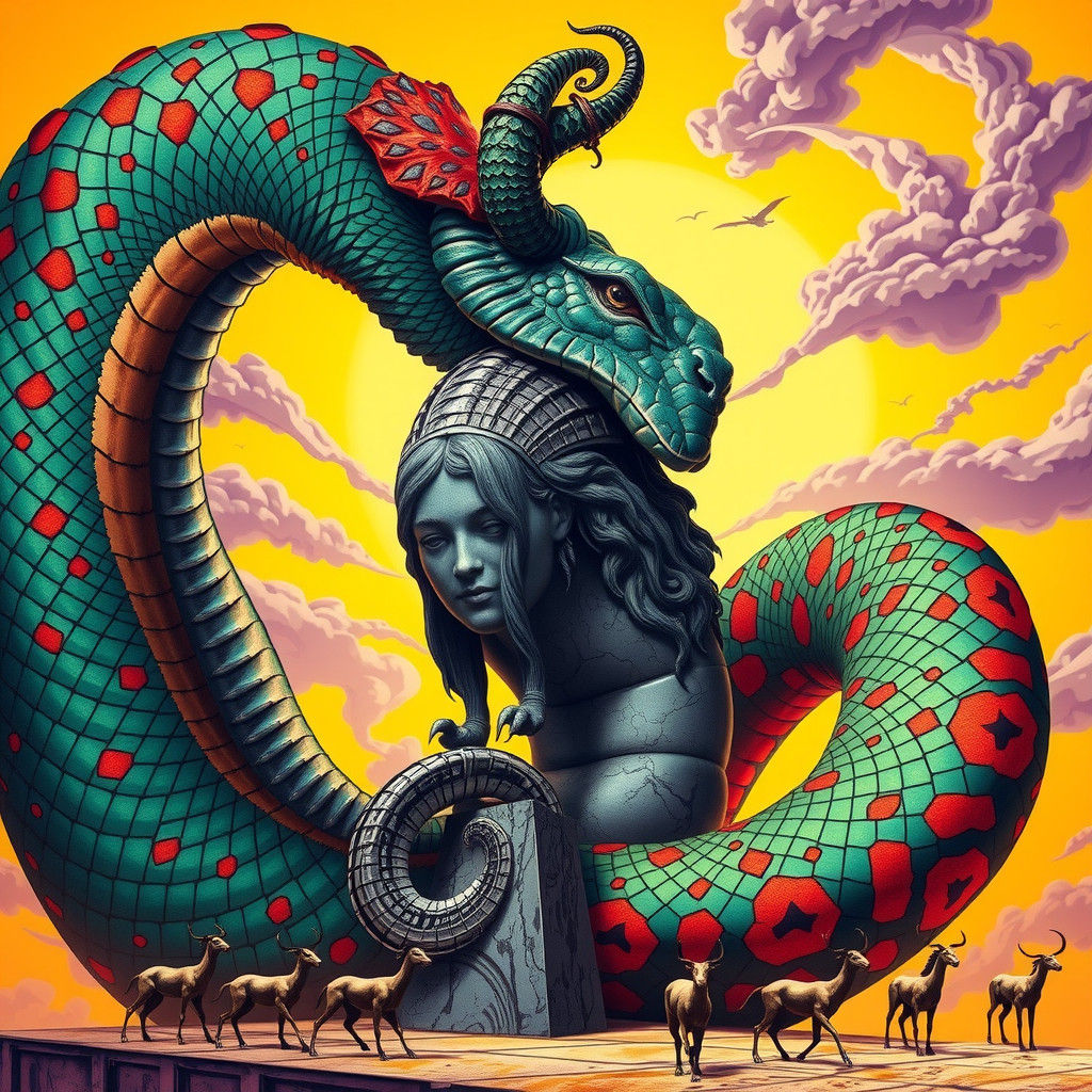 Iridescent Serpent Coiled Around Satyr Statue