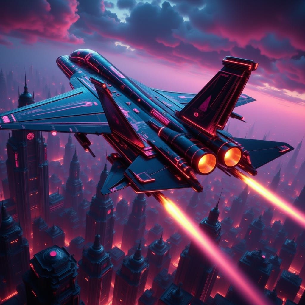 Futuristic Harrier Vertical Takeoff in Neon Cityscape