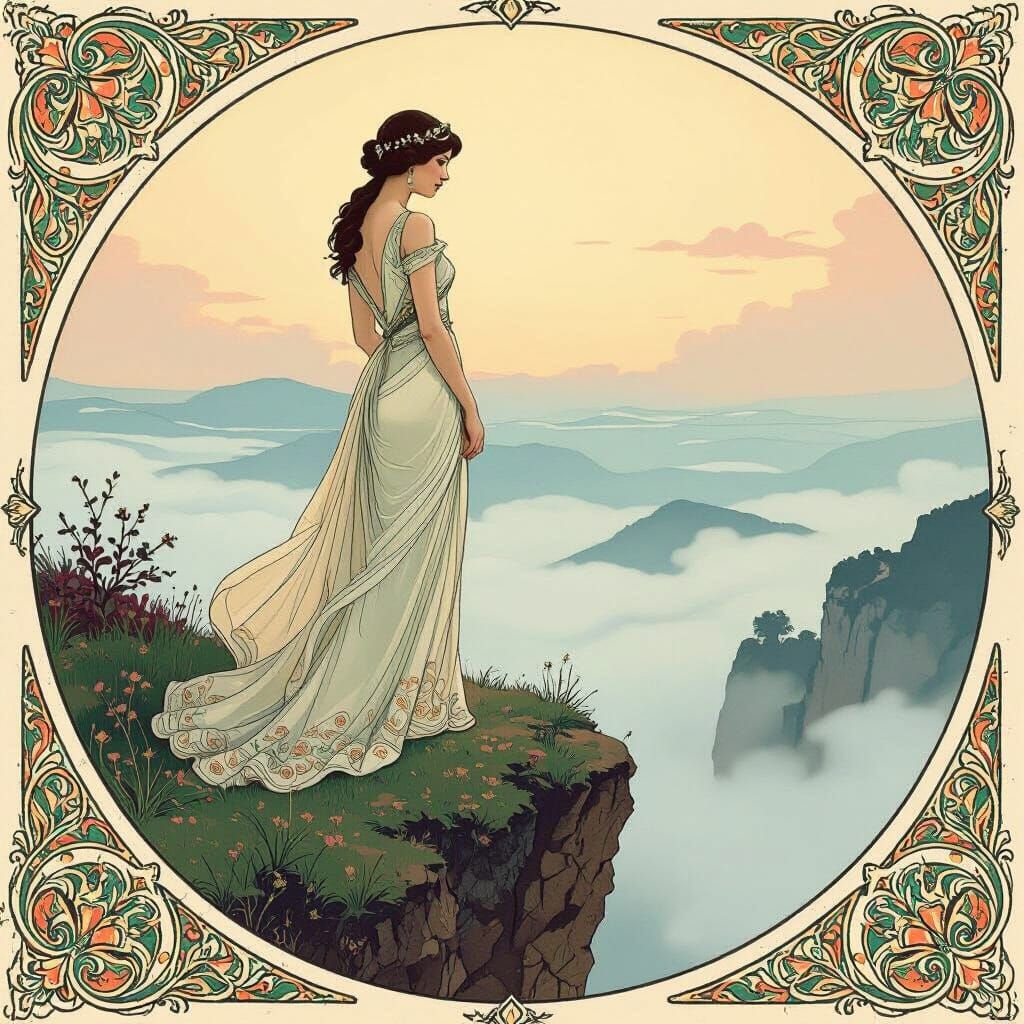 Elegant Woman in Art Nouveau Landscape