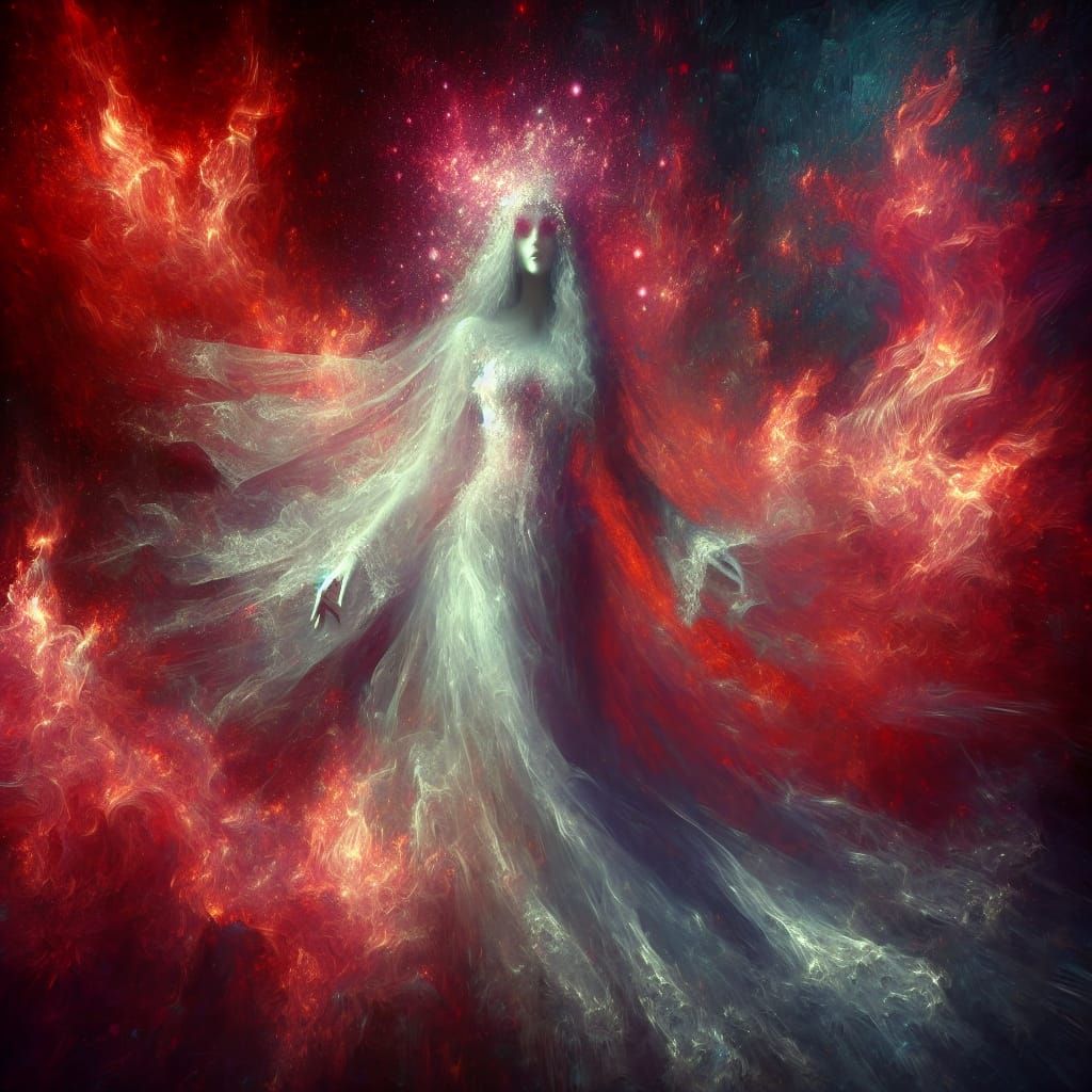 Ethereal Woman Surrounded by Crimson Flames