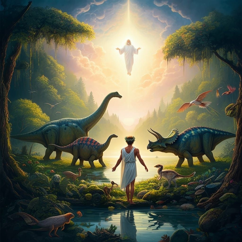 Divine Harmony in Eden: Humans and Dinosaurs Thrive in Parad...