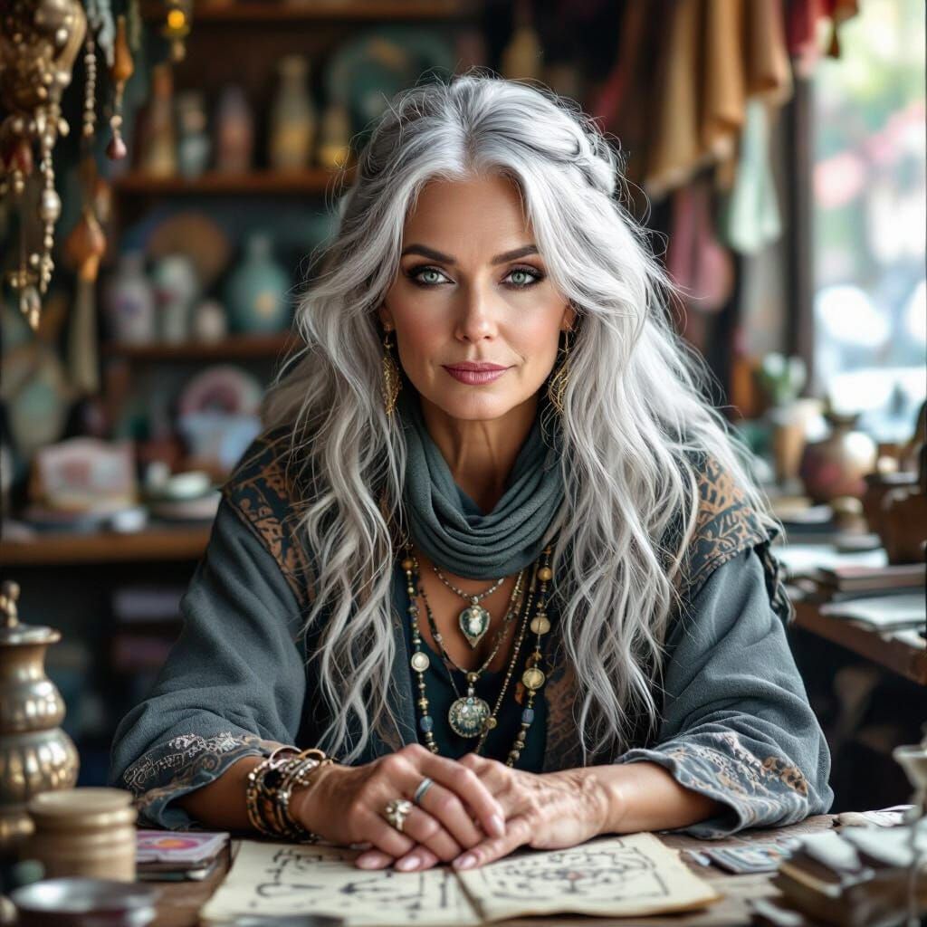 Pale Fortuneteller with Silver Hair in Her Shop