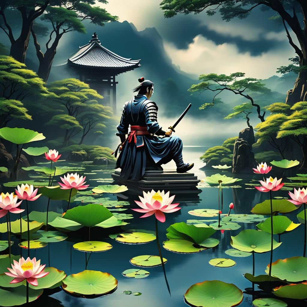 Samurai and Lotus Flower in Anime Style