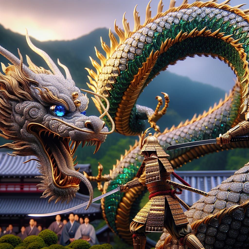 Golden Dragon Attacks Samurai in Japanese Village