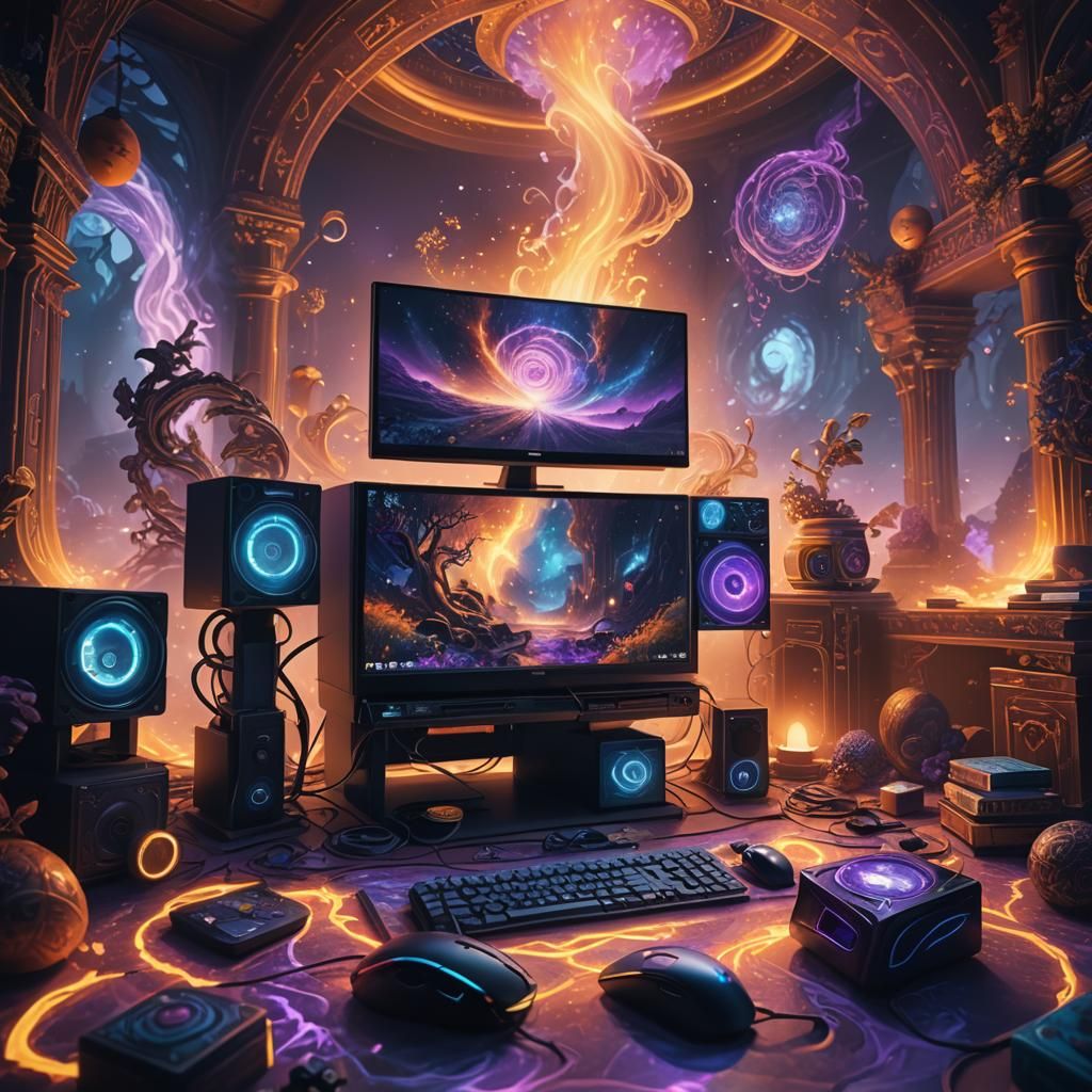 Mystical Multicolored Gaming PC in Dreamlike Setting