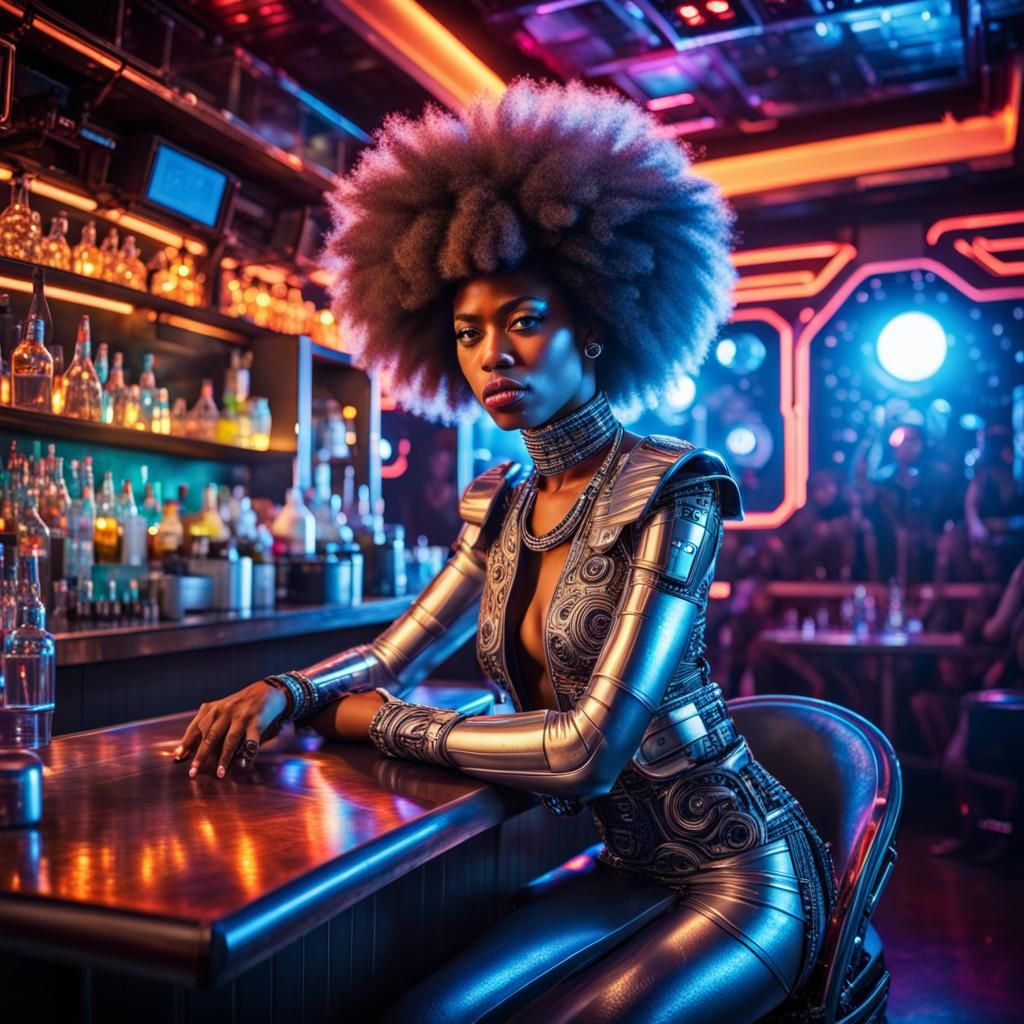 Afrofuturistic Rave Cyborg in Cosmic Lounge