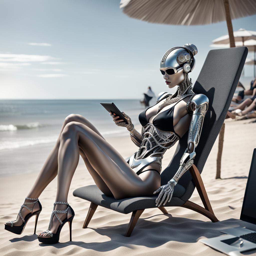 Hyperrealistic Woman Relaxes on Beach in High Heels