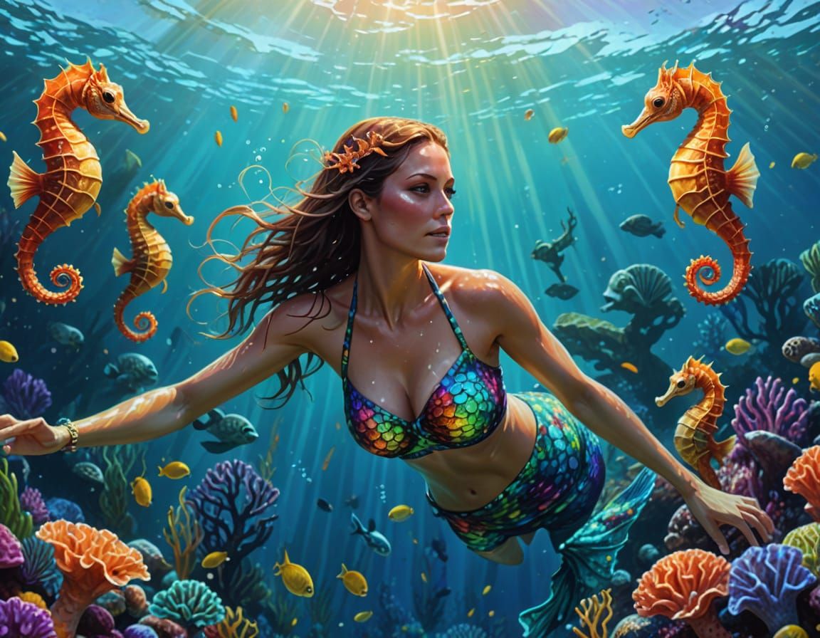 Underwater Fantasy: Woman Swimming with Seahorses