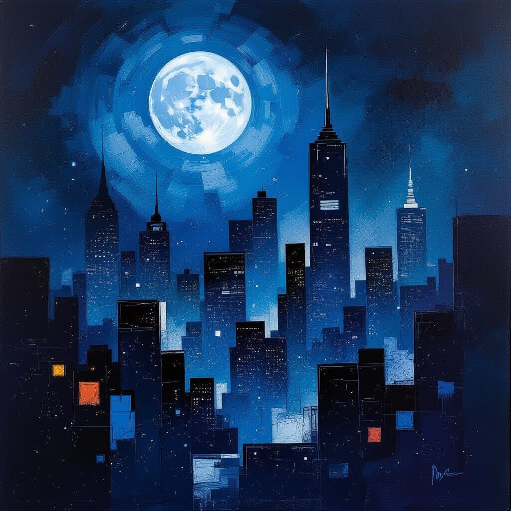 Moonlit Cityscape in Abstract Expressionist Style