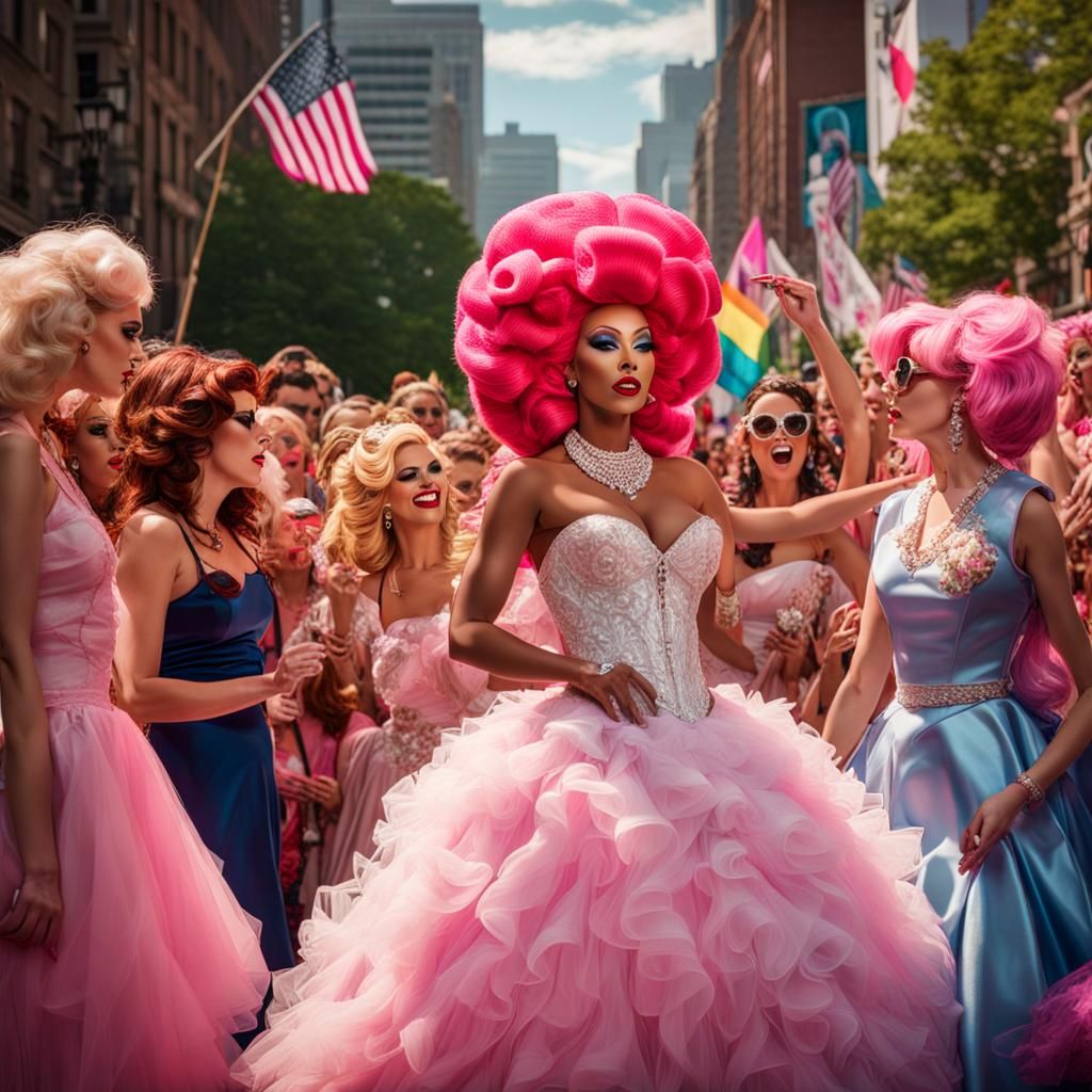Drag Queens Kissing at Pride Parade, Digital Art