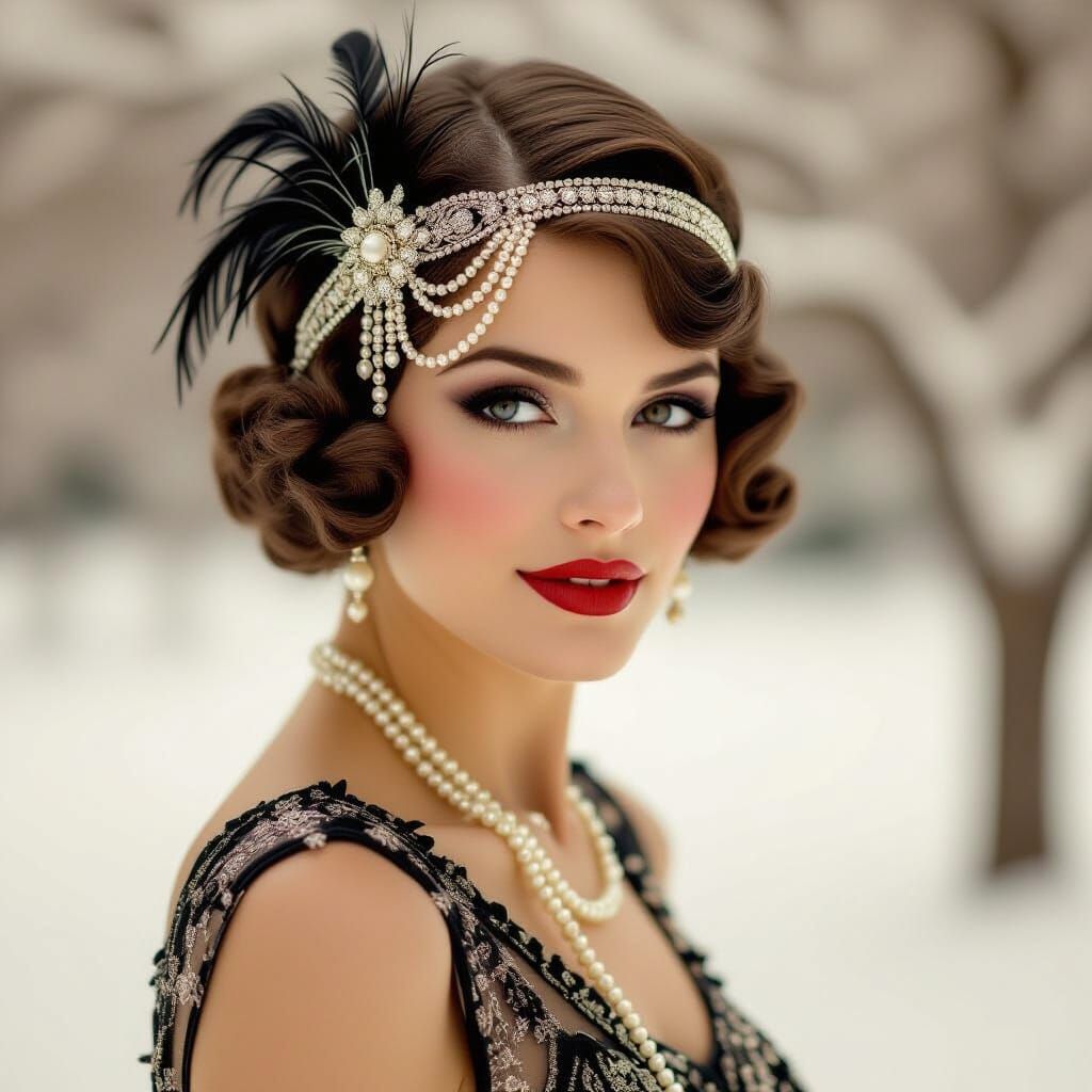 Flapper Portrait with Pearls and Beads in Sepia Tone