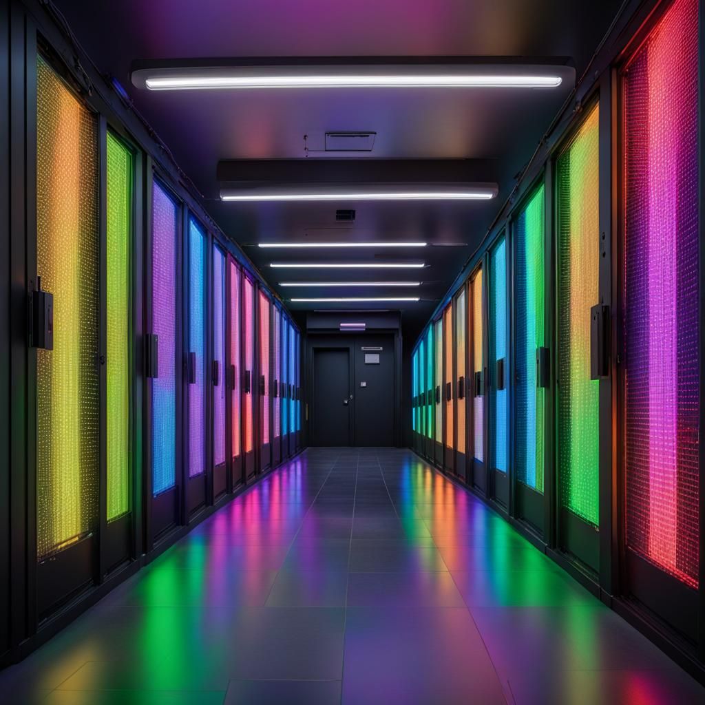 Rainbow Neon Server Room in Cyberpunk Style