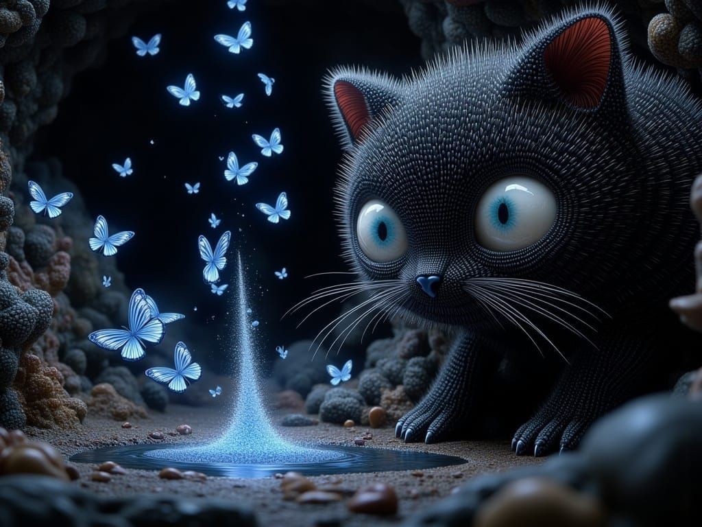 Cosmic Cat Trapping Butterflies in Macabre Display