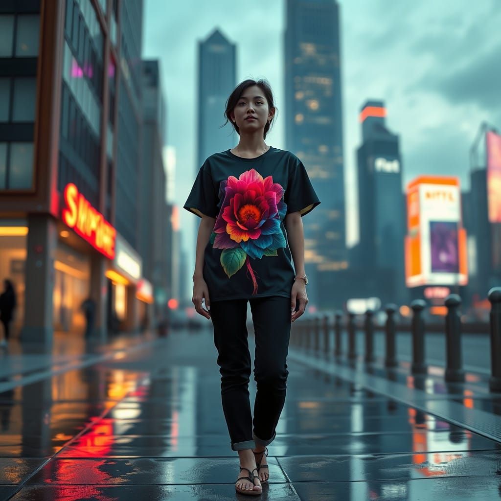 Surreal Woman Stands on a Glimmering Sidewalk Amidst Neon Sk...