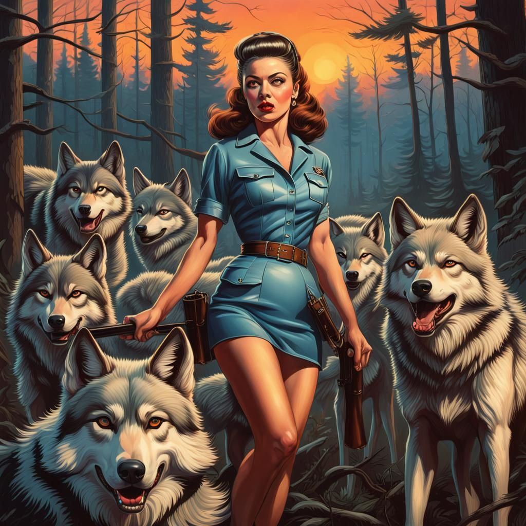 1960s Pinup Girl Hunting with Wolves