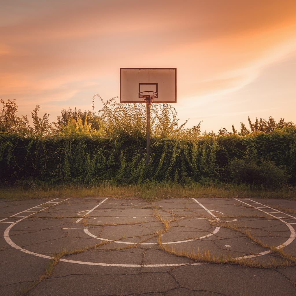 Forgotten Outdoor Basketball Court at Sunset