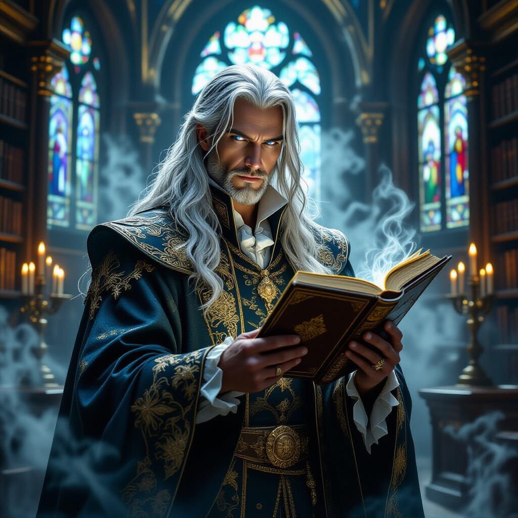 Sorcerer in Gothic Library with Baroque Robes
