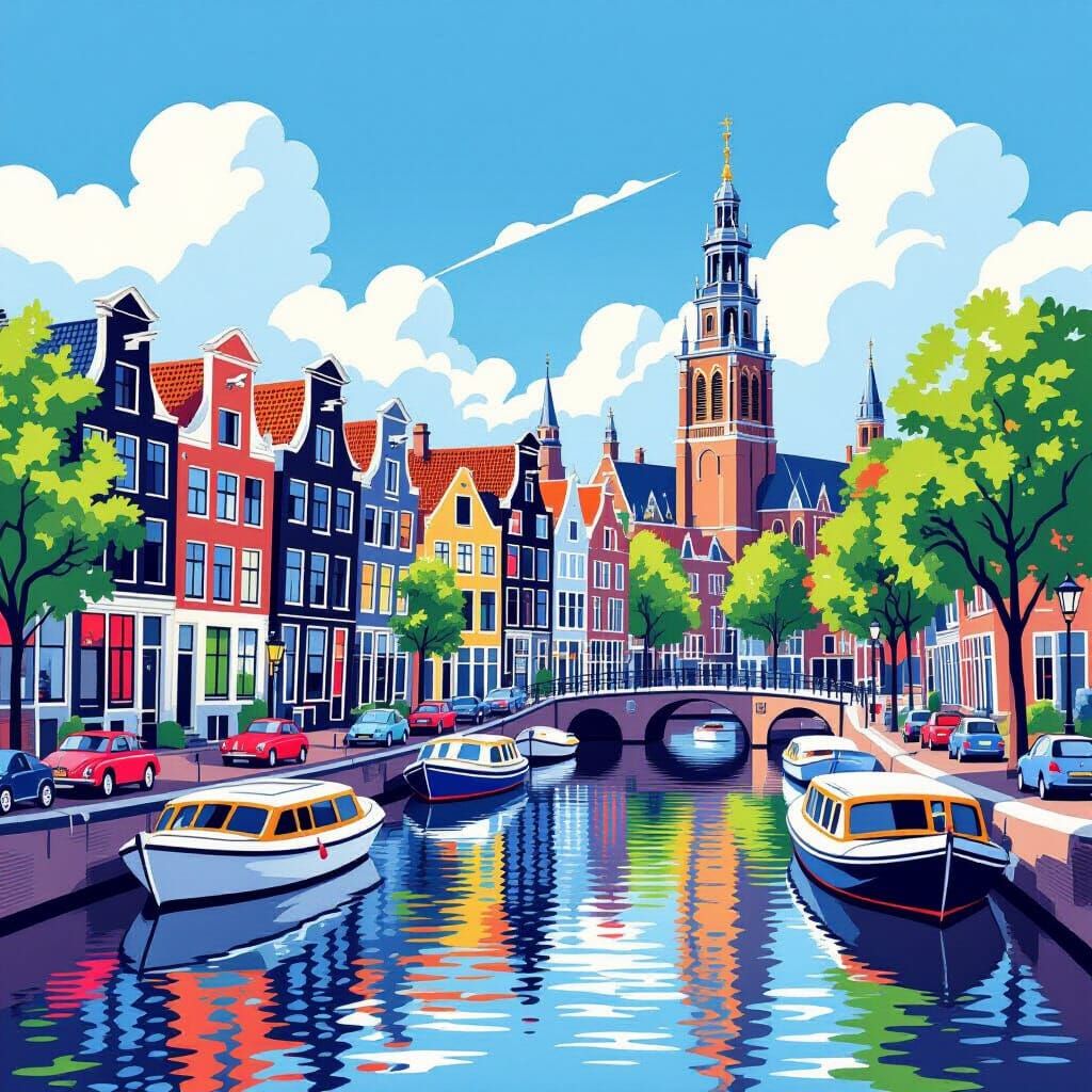 Amsterdam Canal Scene in Vintage Travel Poster Style