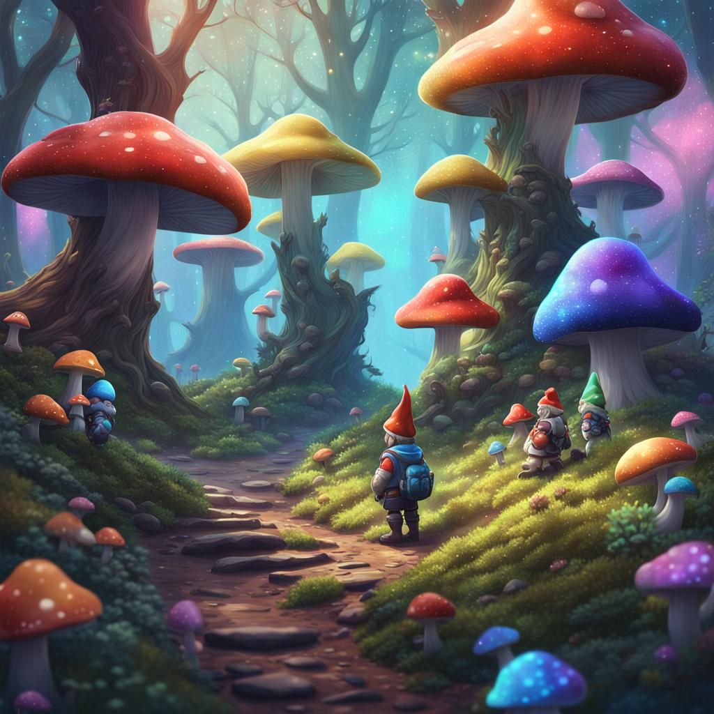 Rainbow galaxy space mushroom forests with gnomes and varies and squirrels