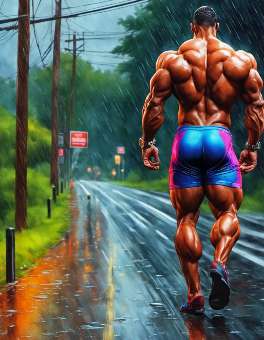 Bodybuilder in Thong Walking in Heavy Rain