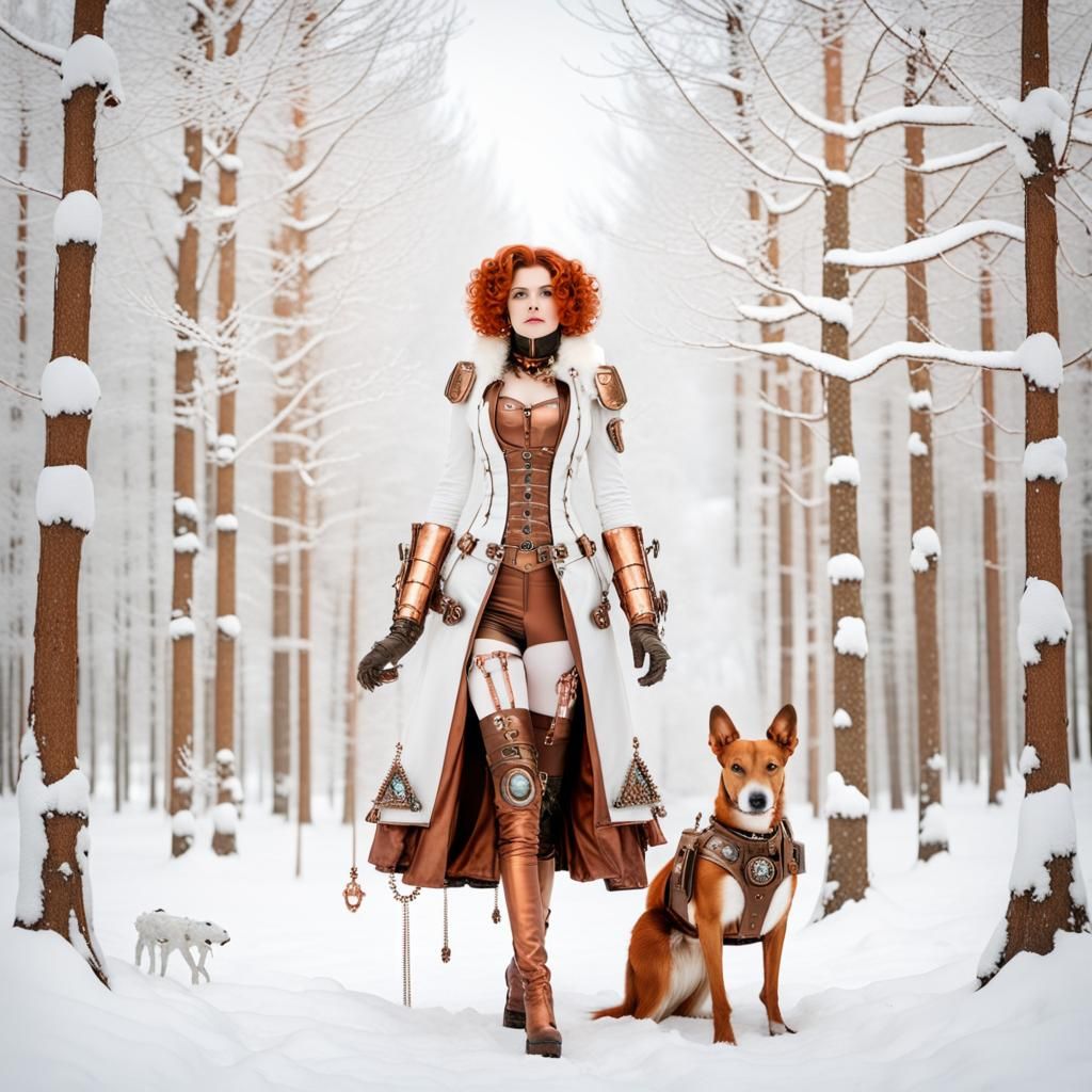Steampunk Woman and Robot Dog in Winter Forest