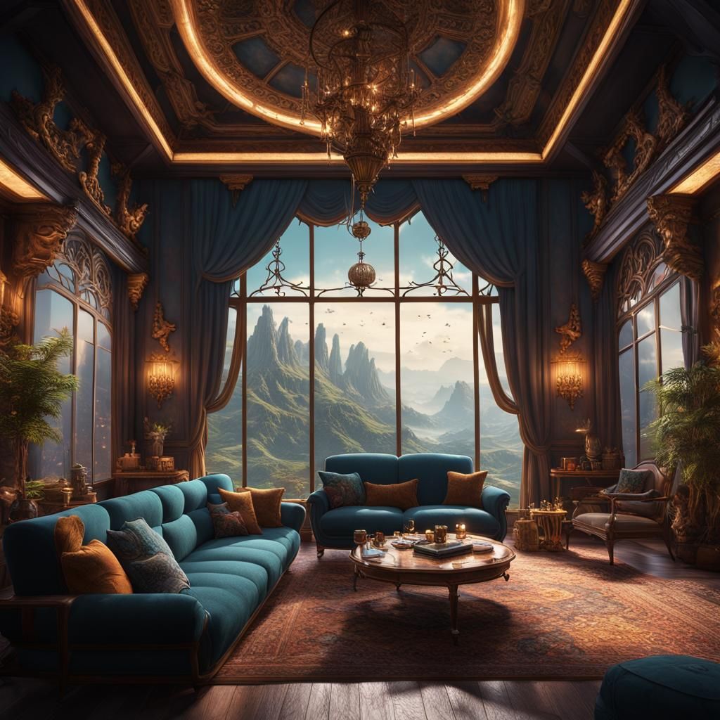Fantastical Airy Living Room in Detailed Matte Painting