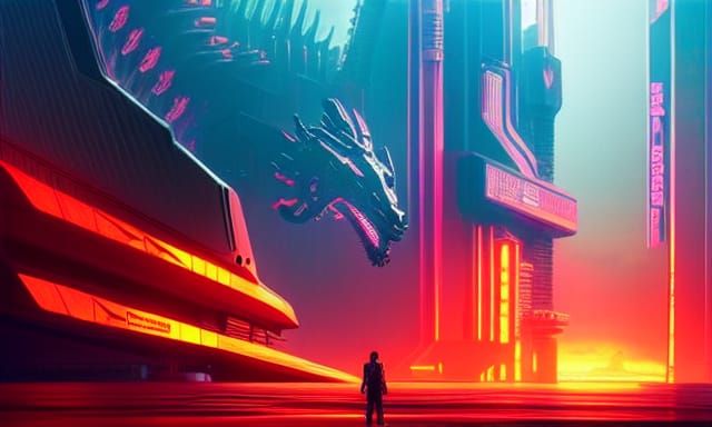 Cyberpunk Robot Dragon in Neon Cityscape