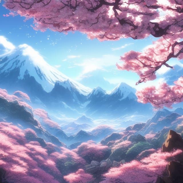 Snowy Mountains with Cherry Blossom in Anime Style
