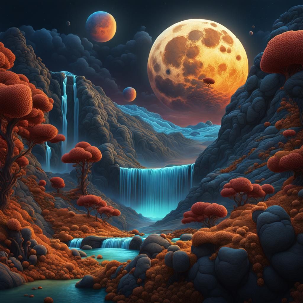 Quilted Moon Over Waterfalls: Fabric Illustration