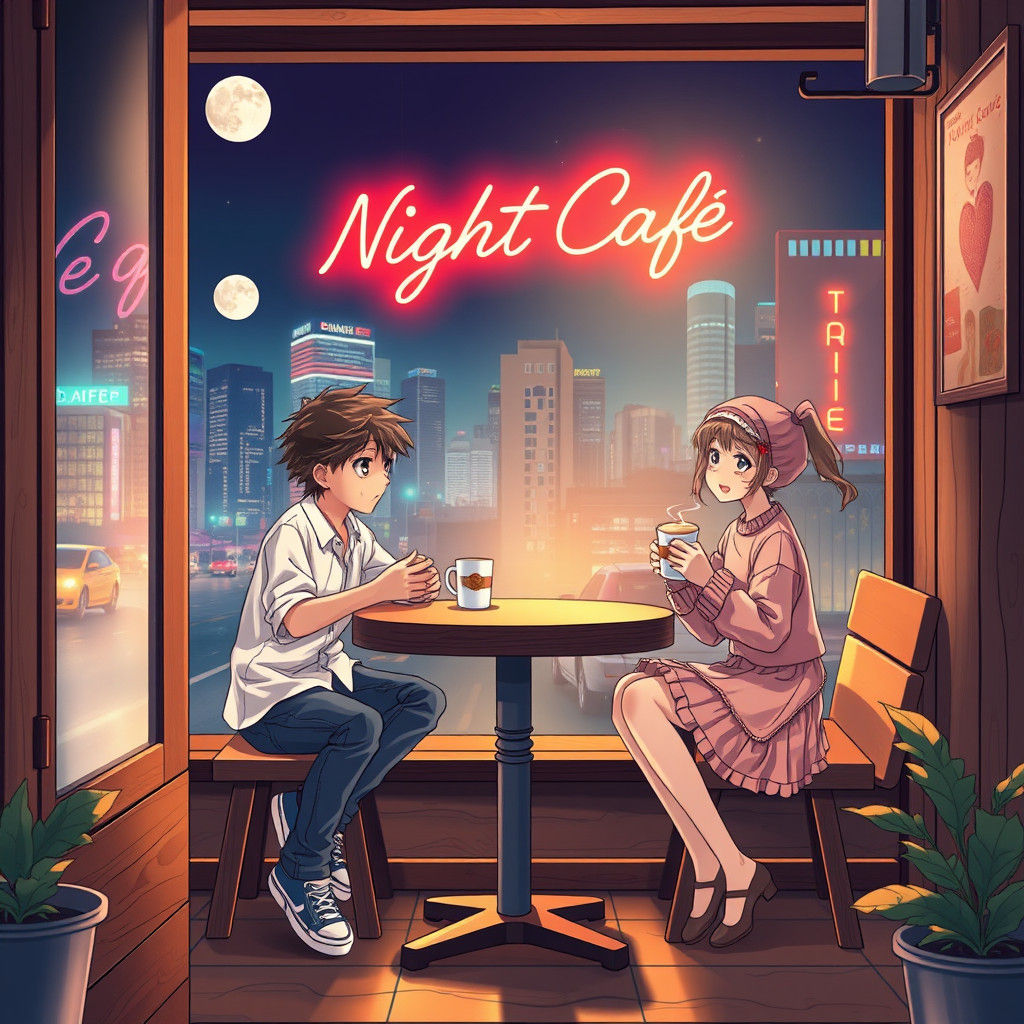 Cozy Night Cafe Scene in Anime Style