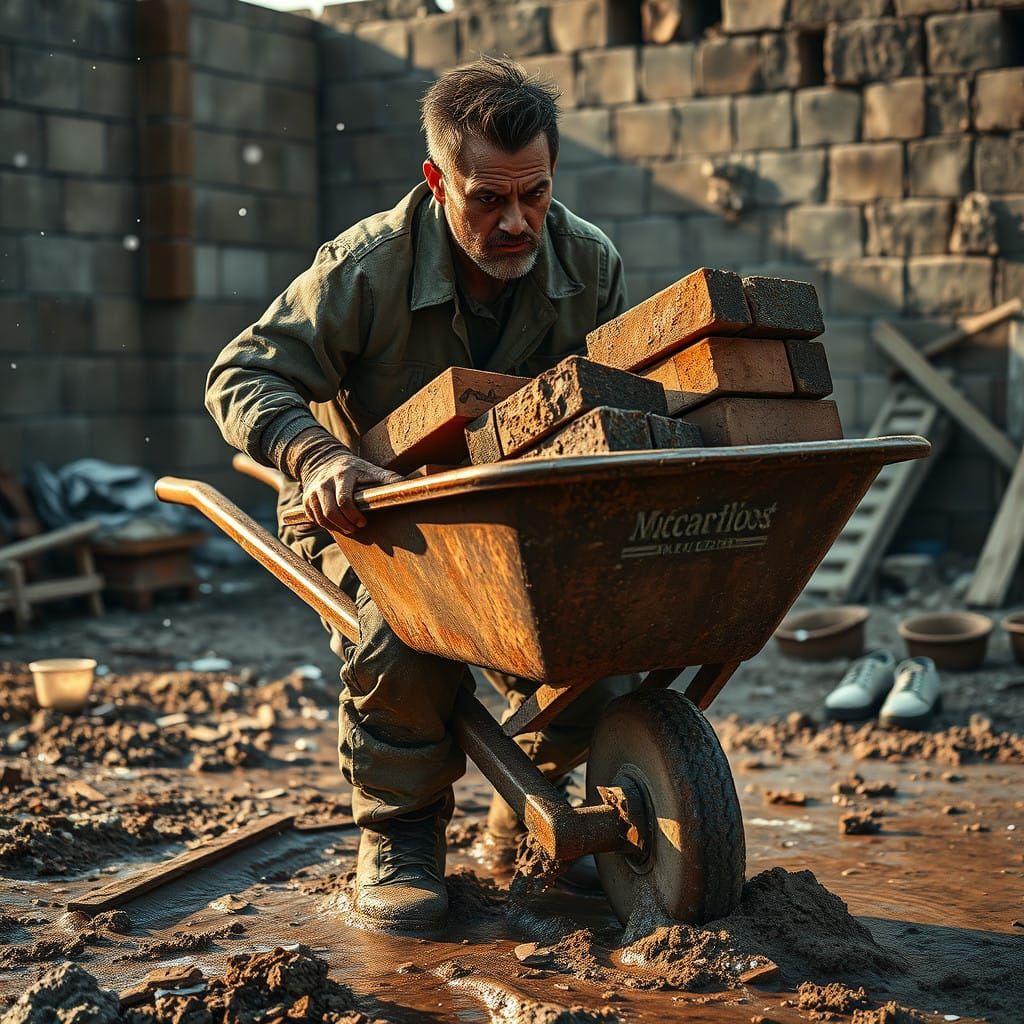 Construction Worker in Mid-Shot, Struggling with a Heavy Whe...