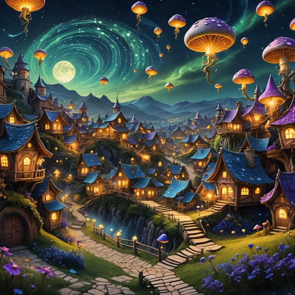 Mystical Village Under Swirling Starry Night