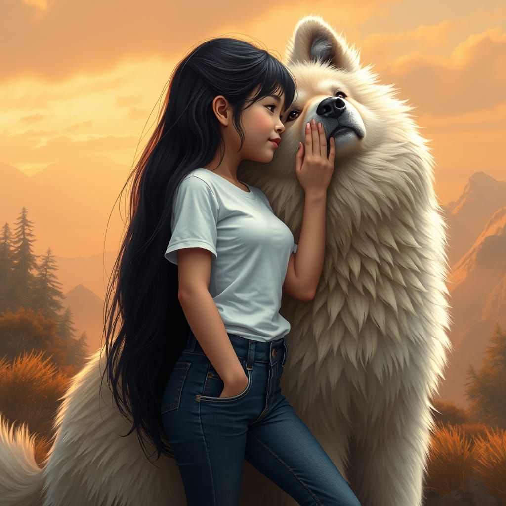 Girl with Long Black Hair Petting Majestic Fluffy Dog