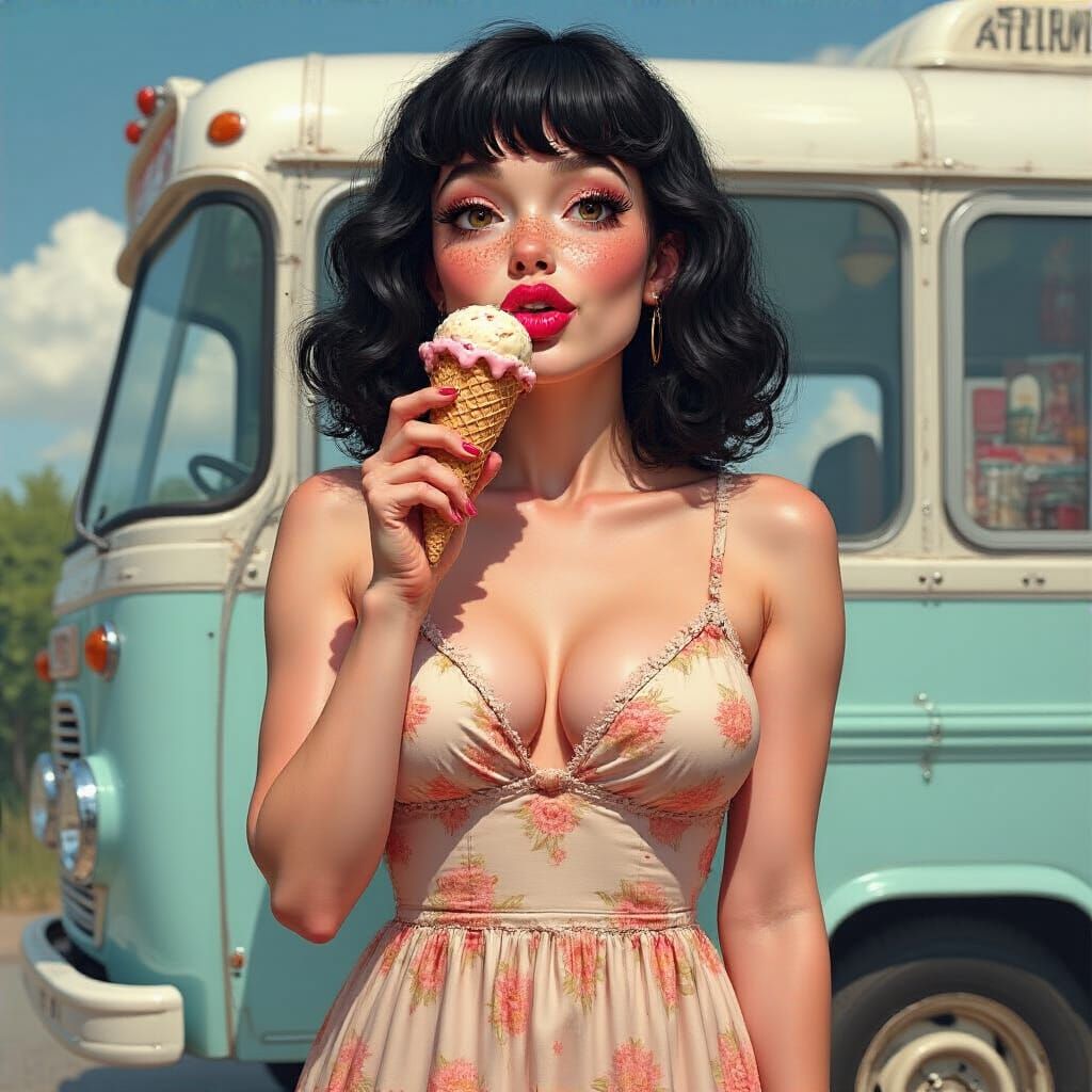 Woman with Ice Cream Cone in Comic Style
