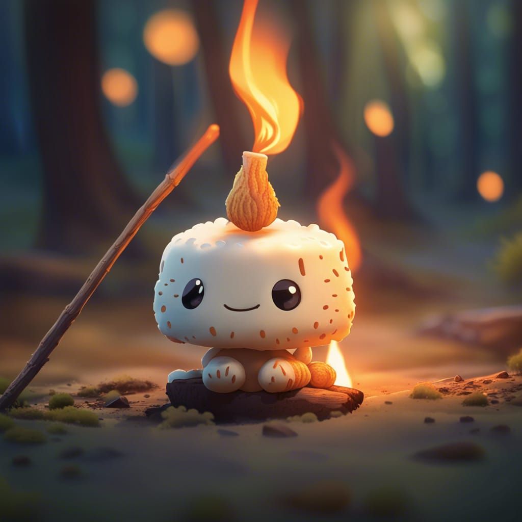 Kawaii Marshmallow Character near Bonfire in Anime Style